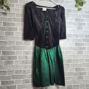 VINTAGE Robin Gayle 1980s Taffeta Emerald Green and Black Velvet Dress